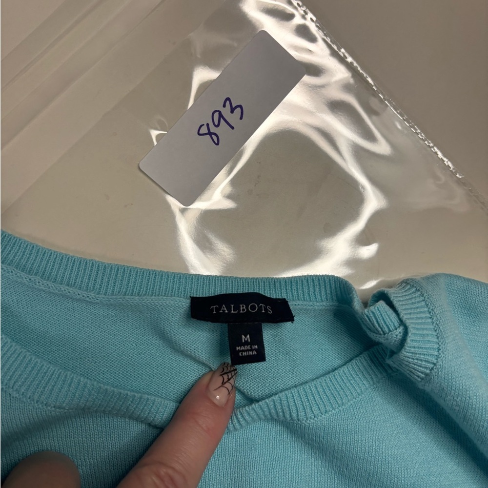 Talbots Size Medium Aqua Button Cuff Sweater Crew… - image 6